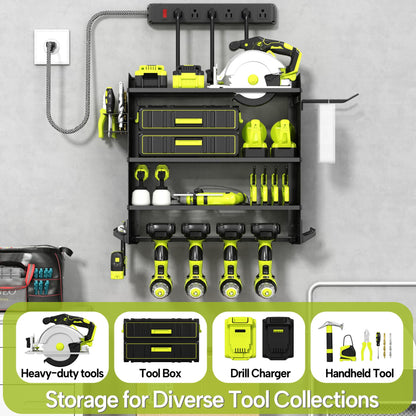 CFMASTER 4 Layer Heavy Duty Power Tool Organizer Wall Mount with Charging Station, Adjustable Metal Storage Rack, 6 Outlets Strip, Drill Holders, Hooks & Drill Bit Rack for Garage, Workshop, Black