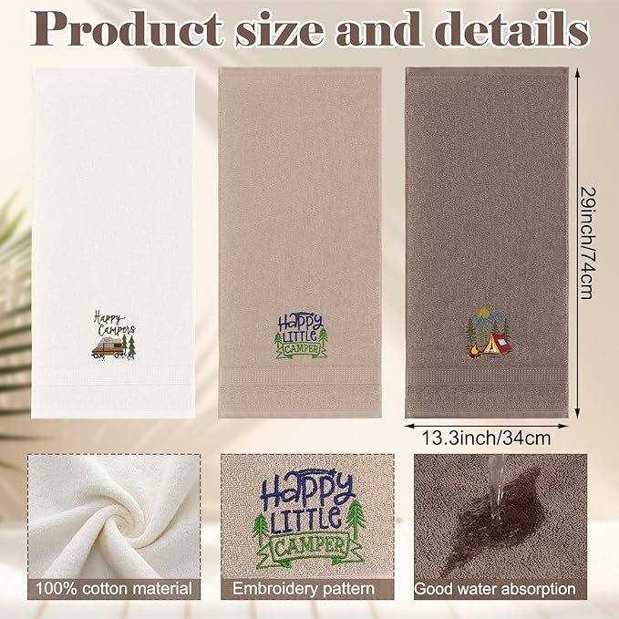 Kitchen 3 Pcs Camping Themed Hand Towels Embroidered Happy Camping Bathroom