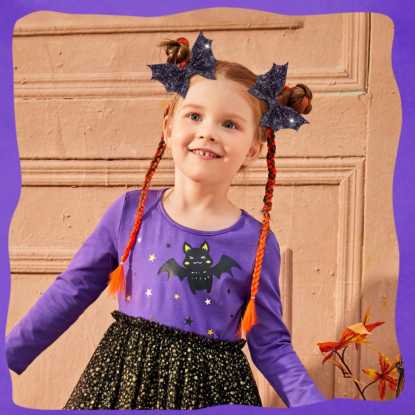 ONENINEDREAM Black Bat Hair Bow Clips, 2 Pcs PU Leather & Glitter Halloween Hair Clips with Alligator Clips, Baby Girl Toddler Halloween Bat Hair Clip, Infant Cosplay Costume Hair Accessories