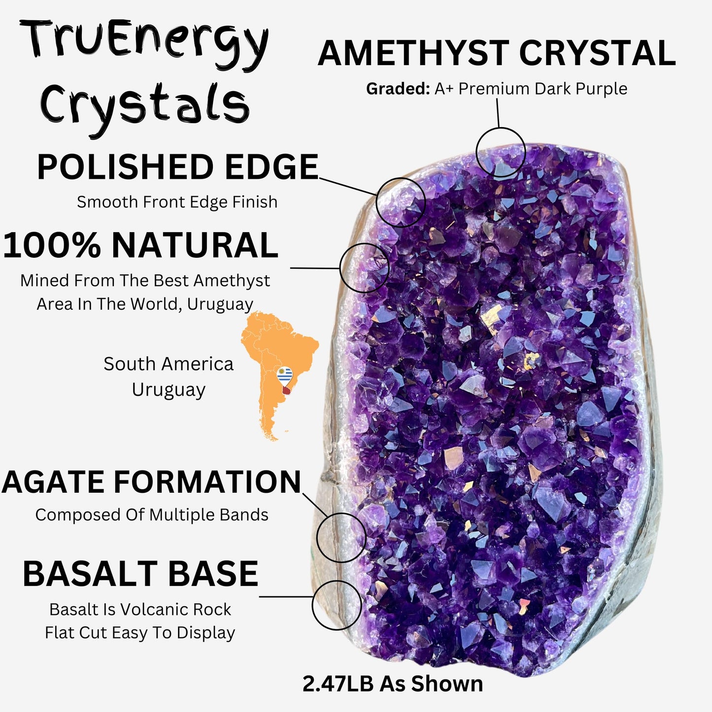 TRUENERGY Polished Amethyst Cluster Quartz Crystal – 1.5 To 2.0 lbs Grade A+ Raw Dark Purple Geode Stone With Rounded Edge – Home Decoration, Meditation Healing, and Positive Energy (1.5-2 lbs)