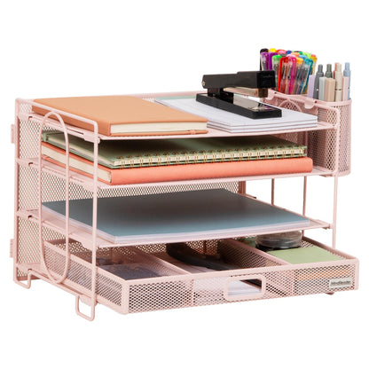 Mind Reader Mesh Desk Organizer, 3 Trays, 1 Drawer, 2 Pen Holders, Office Desktop Organizer, Metal Mesh, Pink