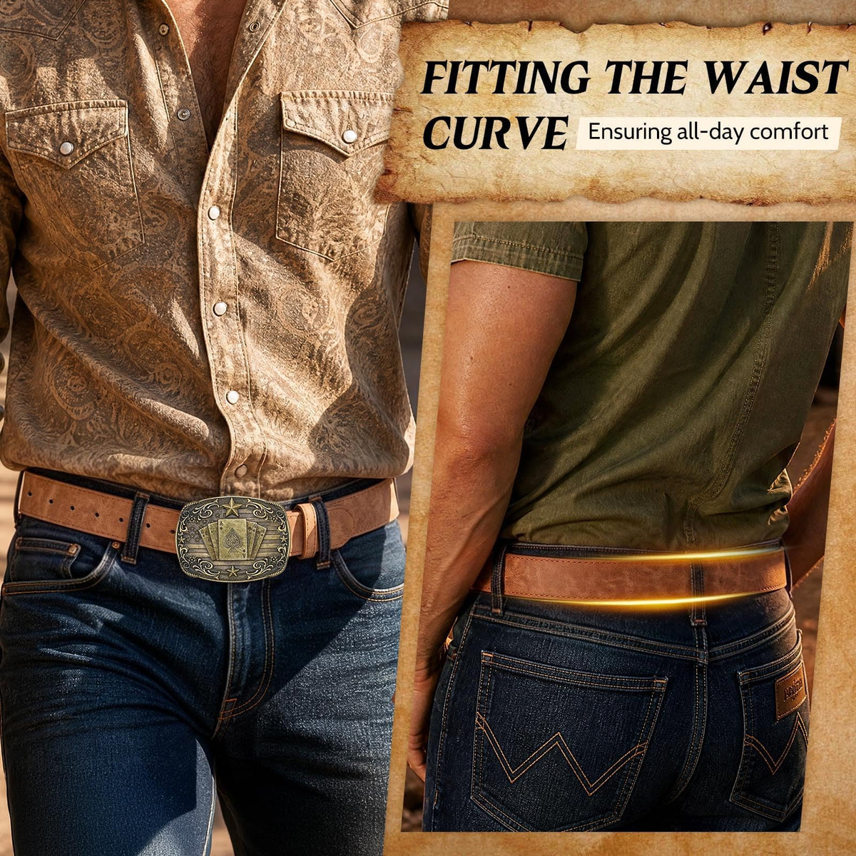 SANSTHS Cowboy Belts for Men Women - Western Belt and Buckle, PU-Leather Rodeo Cowgirl Belt for Jeans, Brown poker 1.5"