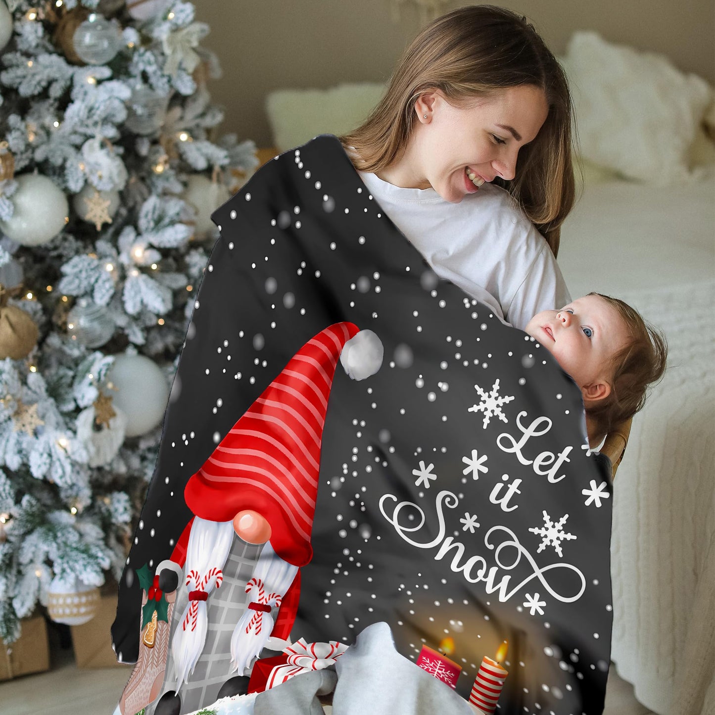 Christmas Gnome Throw Blanket, Merry Christmas Gnome Xmas Gifts Winter Snowflakess Flannel Blanket, Living Room/Bedroom/Sofa Couch Warm Soft Bed Blanket for Adults All Season 50X60 Inches