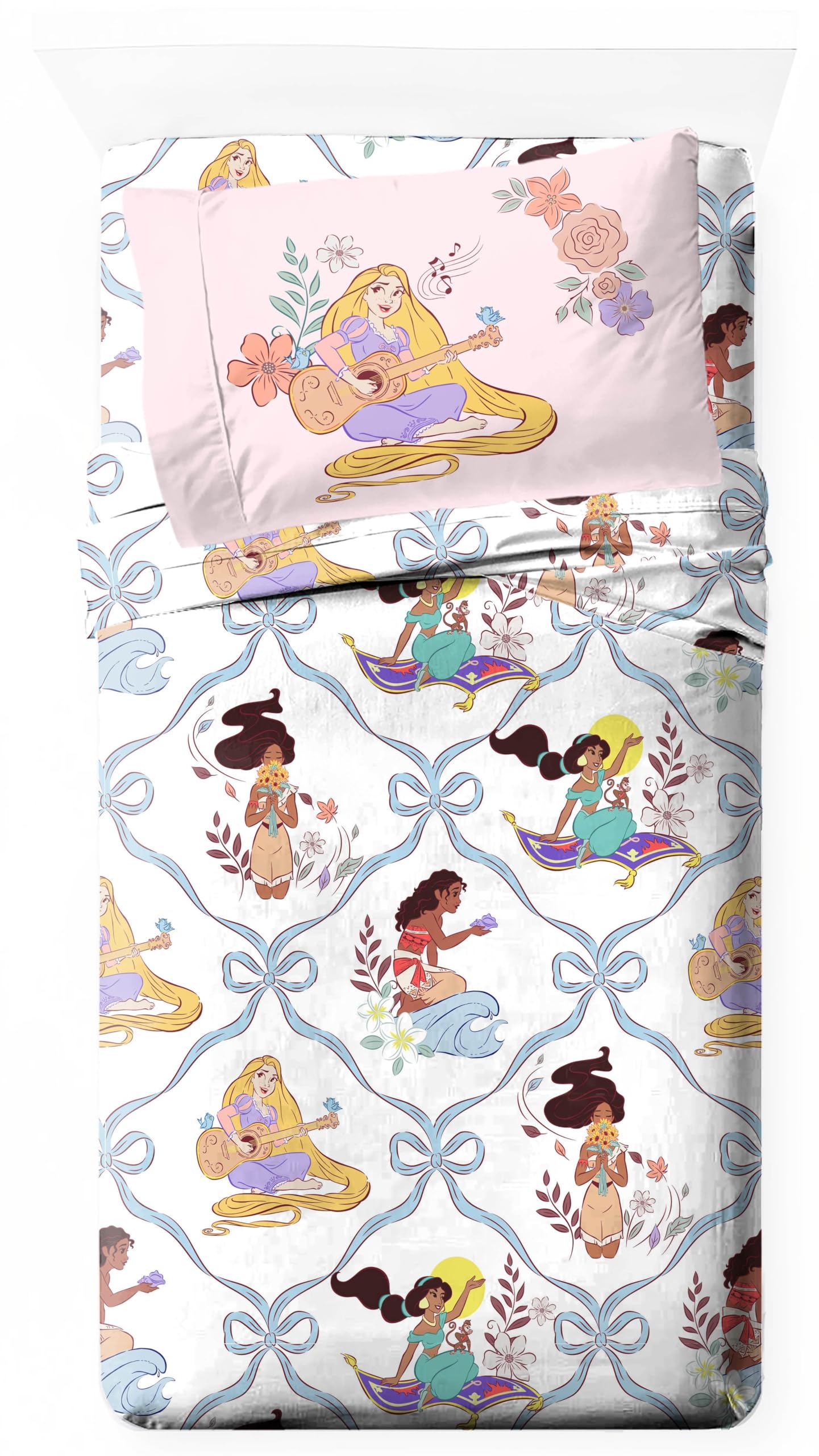 Disney Princess 3 Piece Twin Sheet Set - Kids Super Soft Brushed Microfiber Bedding, Deep Pocket, Fade Resistant, Machine Washable - Cinderella, Belle, Ariel & Tiana - Jay Franco (Official Disney)