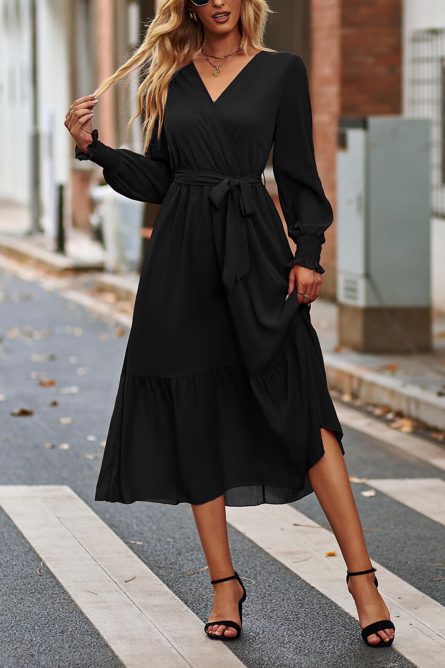 PRETTYGARDEN Women's Floral Boho Dress Fall Long Sleeve Wrap V Neck Ruffle Flowy Maxi Spring Wedding Guest Vacation Dresses (Solid Black,Medium)