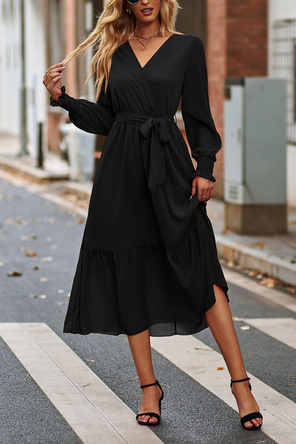 PRETTYGARDEN Women's Floral Boho Dress Fall Long Sleeve Wrap V Neck Ruffle Flowy Maxi Spring Wedding Guest Vacation Dresses (Solid Black,Medium)
