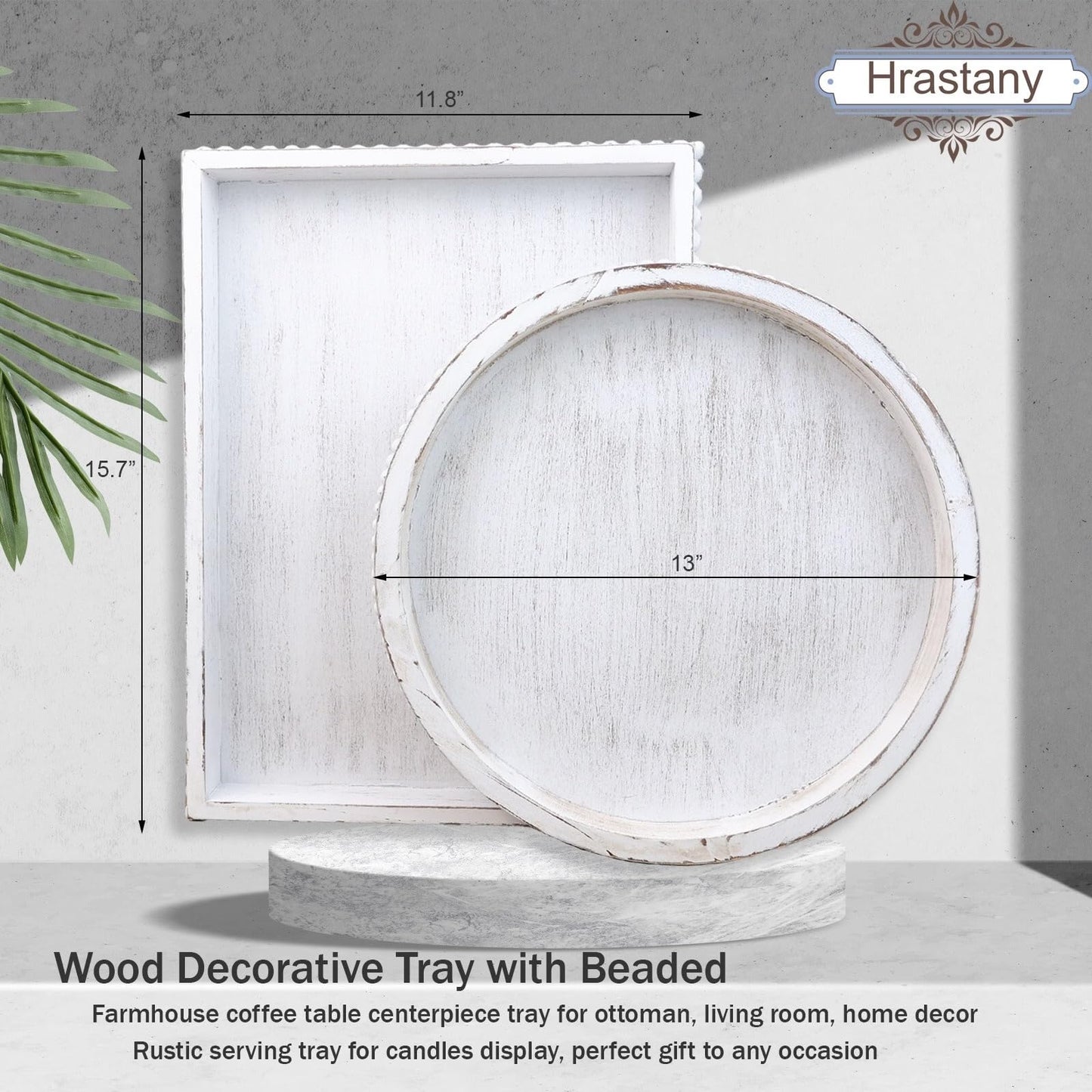 Hrastany Round Wood Serving Tray with Beaded, 13” Rustic Wooden Decorative Coffee Table Tray for Centerpiece, Ottoman, Farmhouse Circle Trays for Counter, Living Room, Home Decor (Whitewashed)