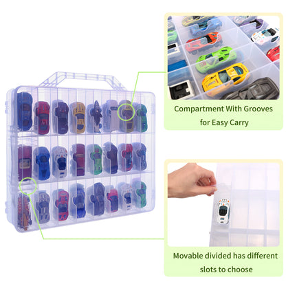 KISLANE Double Sided Toy Car & Doll Storage Case - 48 Compartments, Portable Transparent Case