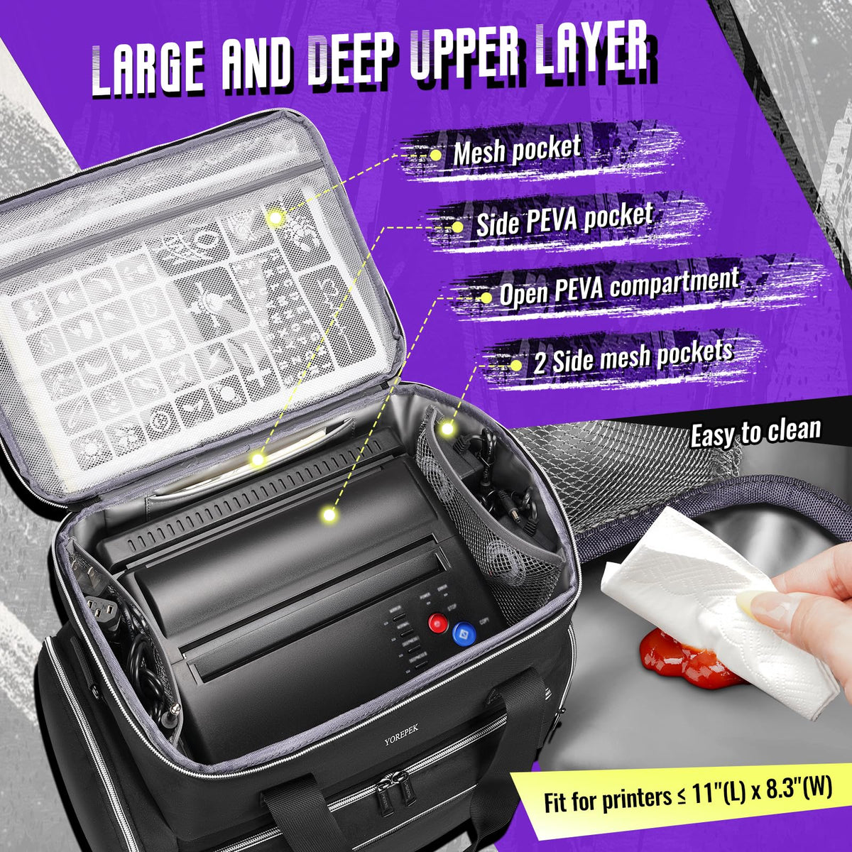 YOREPEK Tattoo Travel Case, Waterproof Tattoo Bag with 2 Removable Organizer Pouches, Adjustable Dividers, Tattoo Carrying Case for Equipment, Supplies, Stencil Printer, Artist Gifts