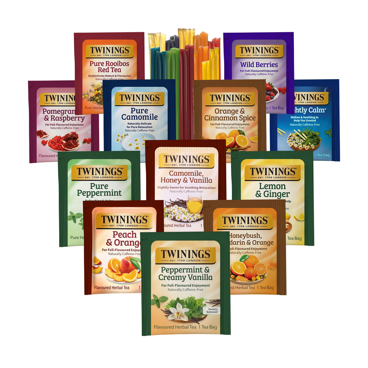 Twinings 48 Tea Bags Herbal Variety Pack – 12 Caffeine-Free Flavors + 20 Honey Sticks, Relaxing Herbal Tea Gift Set for Tea Lovers, Bedtime & Daily Wellness