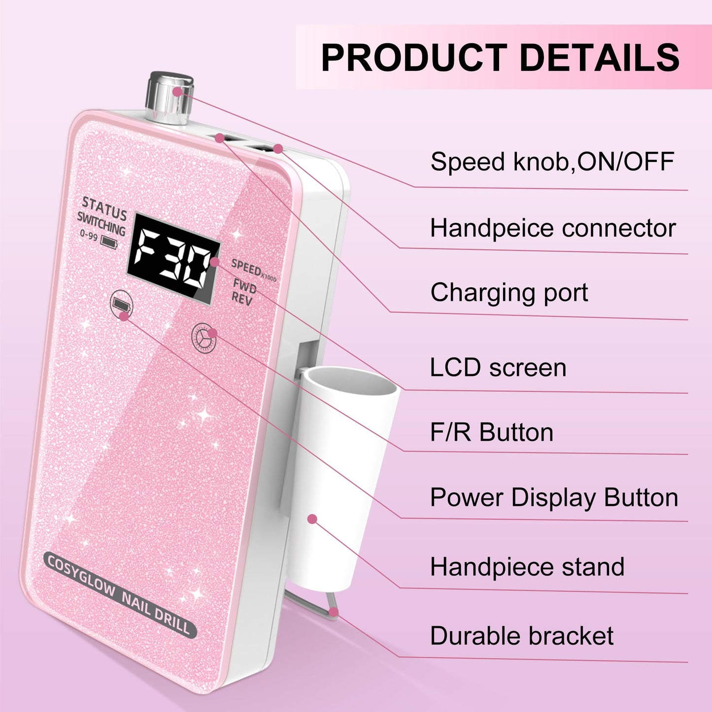 Professional Electric Nail Drill File:COSYGLOW Glitter Portable Cordless E-File Nail Drill Kit with 11 Drill Bits,30000 RPM Rechargeable Nail Drills Machine for Acrylic Nails Gel Polishing (Pink)