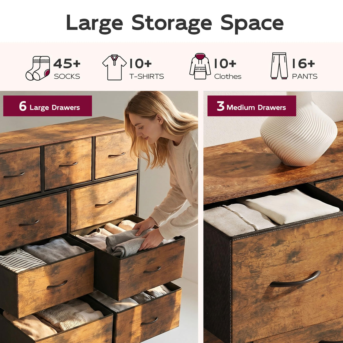 WLIVE 9-Drawer Dresser, Fabric Storage Tower for Bedroom, Hallway, Entryway, Closet, Tall Chest Organizer Unit with Fabric Bins, Steel Frame, Wood Top, Easy Pull Handle, Rustic Brown Wood Grain Print