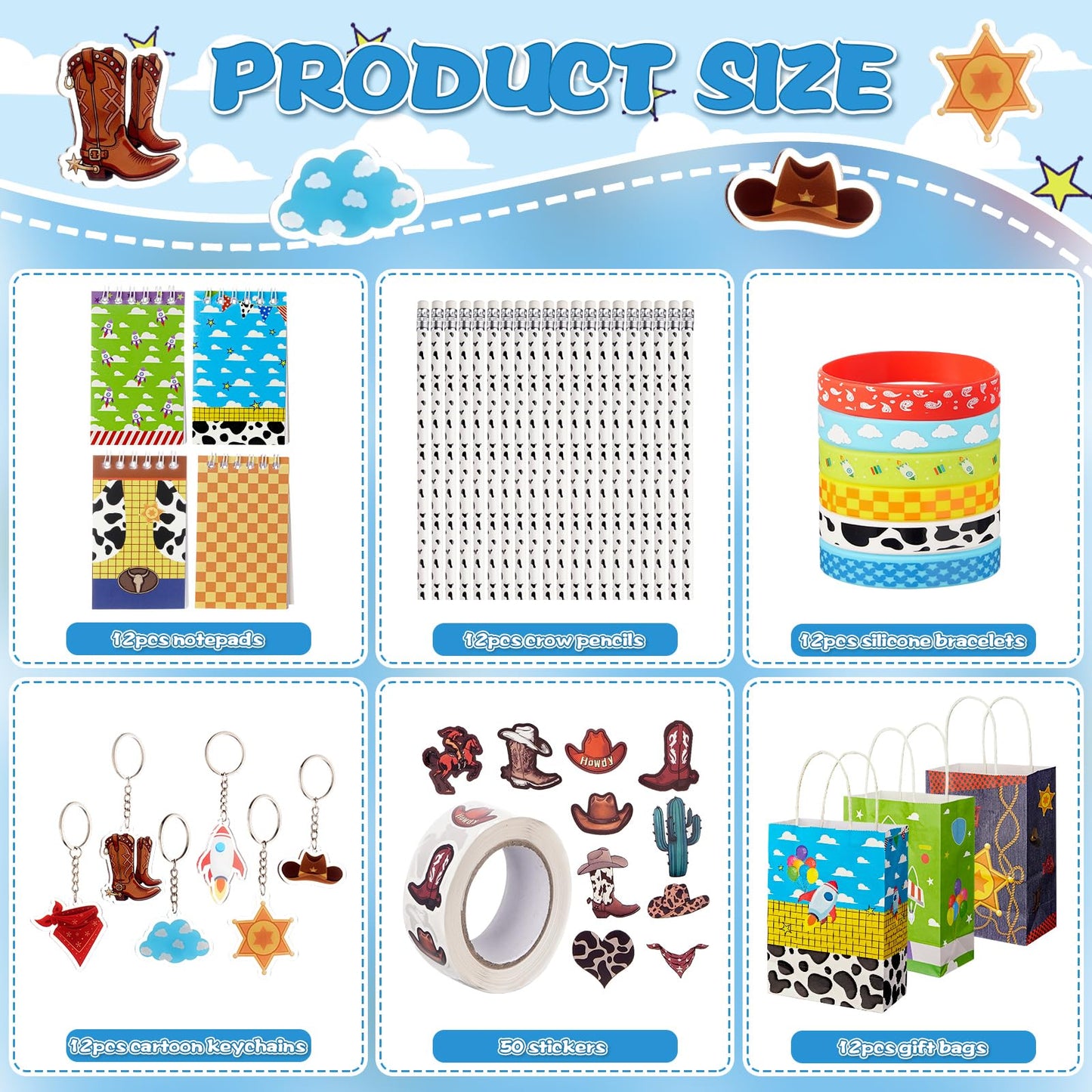 Vanblue 110 Pcs Cartoon Story Party favors Cow Pattern Birthday Decorations Set Gift for Kids Treasure Box Toys for Classroom School Reward Gift Prizes Notebooks Goodie Bag Stuffers