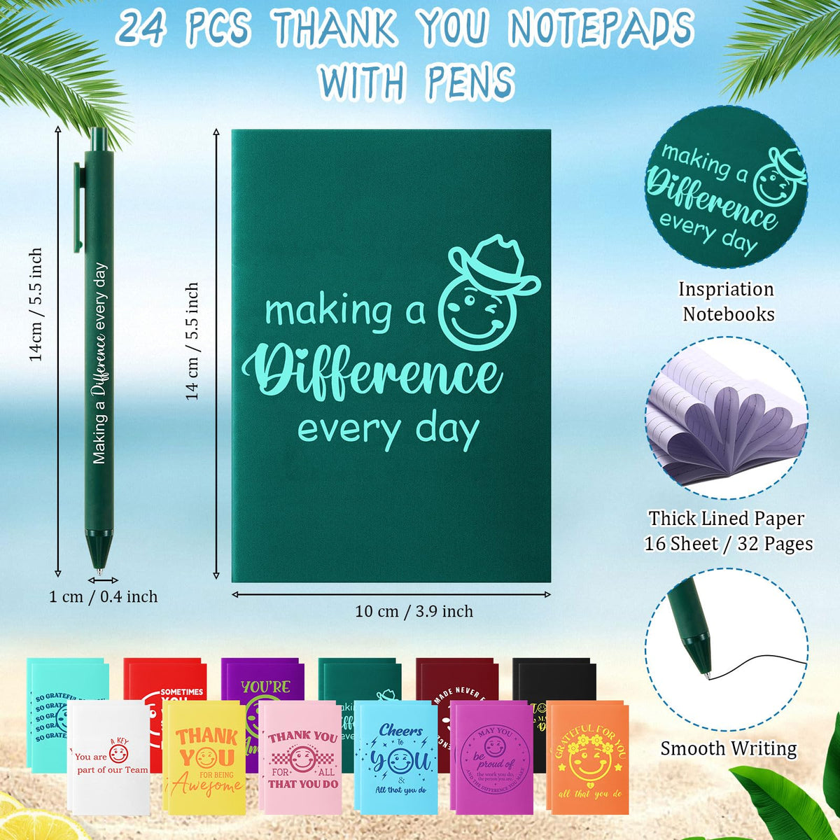 Feifeiya 72 Pcs/ 24 Set Thank You Gift Bulk 24 oz Appreciation Tumbler with Lids and Straws Motivational Pens Inspirational Notepads Set Plastic Cups Gift for Valentines Employee Team Staff Coworker