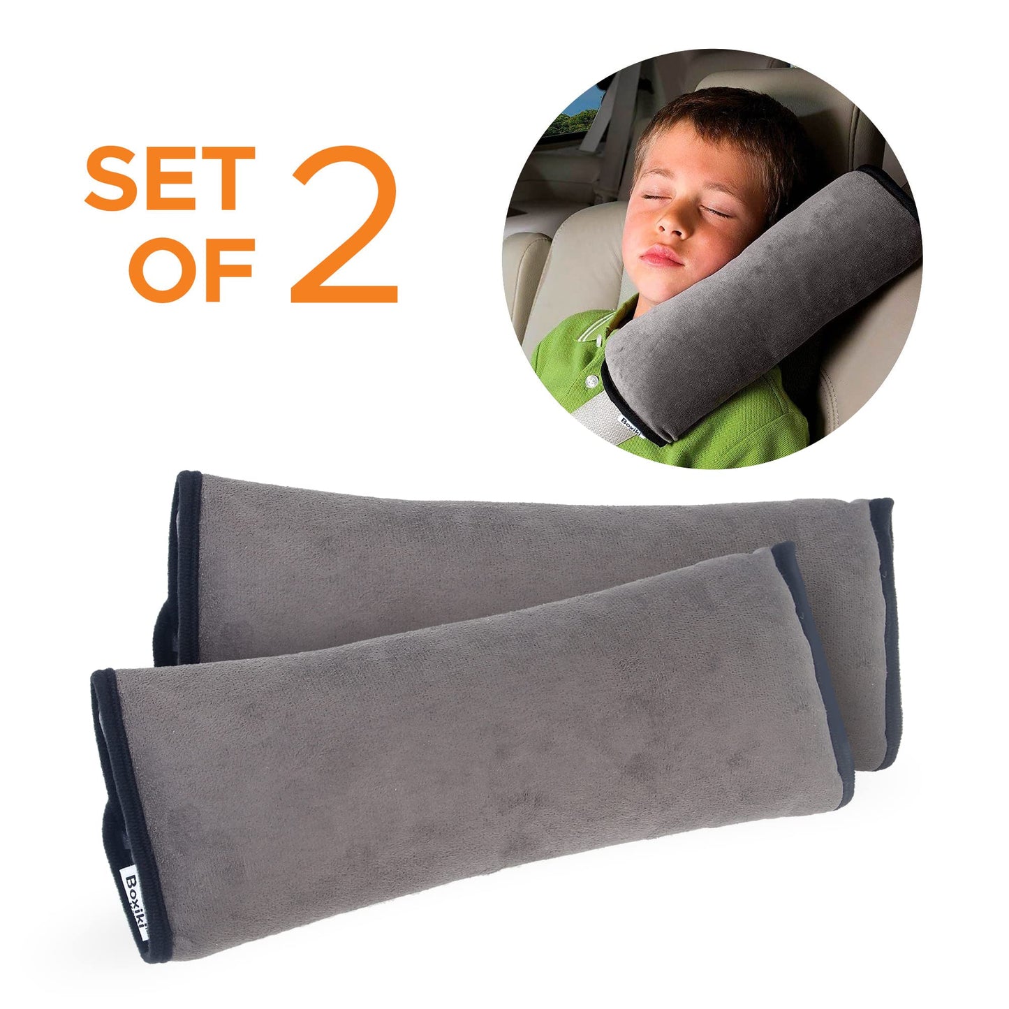 Boxiki Travel Set of 2 Seat Belt Pads | Head Support Pillow for Car Travel | Seat Belt Covers for Adults & Kids | Machine Washable Car Seat Belt Covers | Durable Plush Seatbelt Cushion