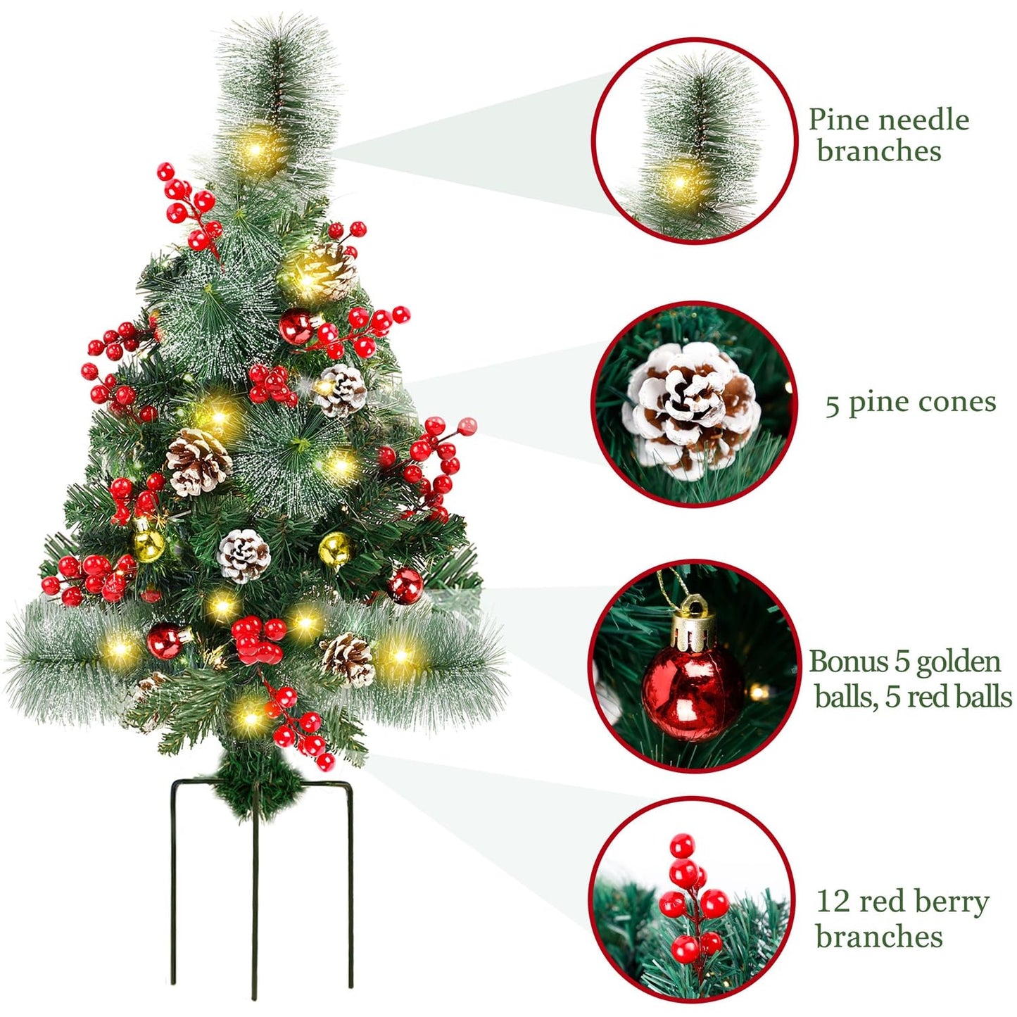 Juegoal 2 Pack 30 Inch Pre-Lit Pathway Christmas Trees, Artificial Christmas Urn Filler with 60 LED Lights, Red Berries, Pine Cones & Balls Ornaments, Battery Operated Holiday Decor for Driveway, Yard