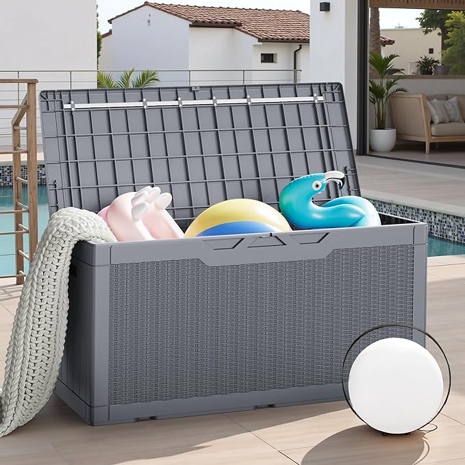 JUMMICO 100 Gallon Resin Deck Box with Cushion, Waterproof Outdoor Storage Box with Lockable Lid for Garden Tools, Patio Cushions (Gray)