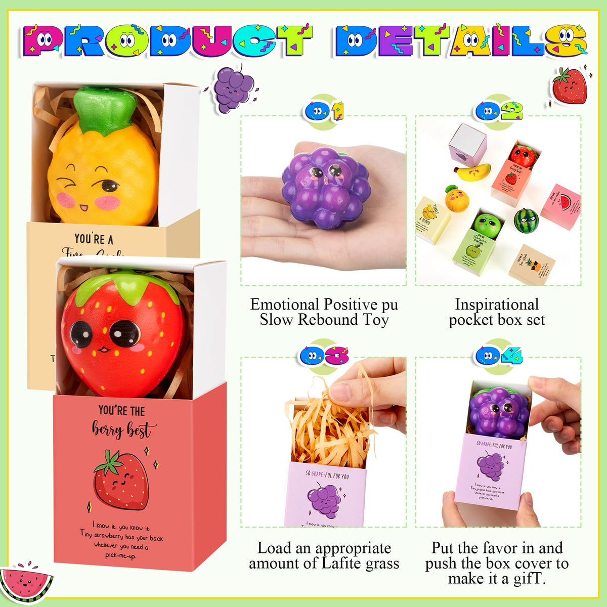 JellyArch Funny Dancing Fruit Inspirational Gifts for Employee Cute Positive Work Stress Relief Gifts for Coworker Fruit Stress Balls with Affirmation Motivational Pun Box for Staff Student(24 Sets)