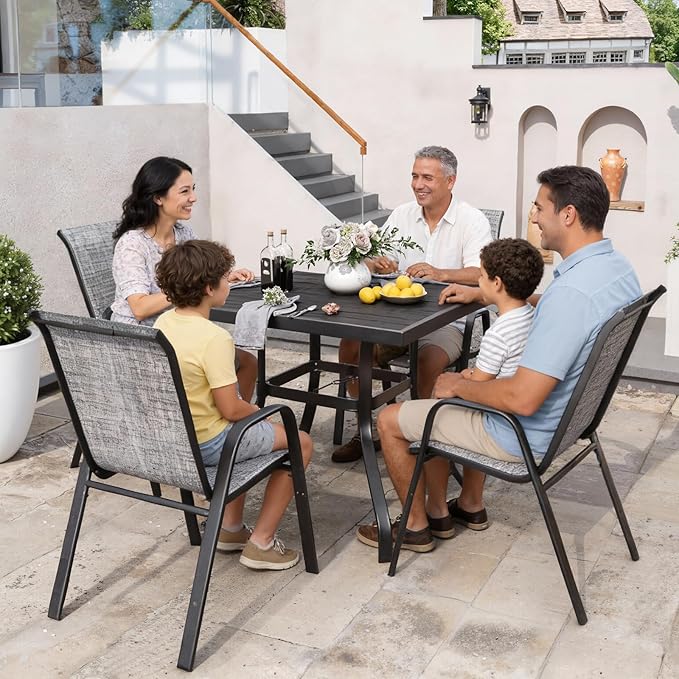 Patio Chairs Set of 4, Stackable Outdoor Dining Chairs for All Weather Textilene Fabric & Metal Frame, Outdoor Chairs Set for Backyard Deck Garden (Grey, Set of 4)