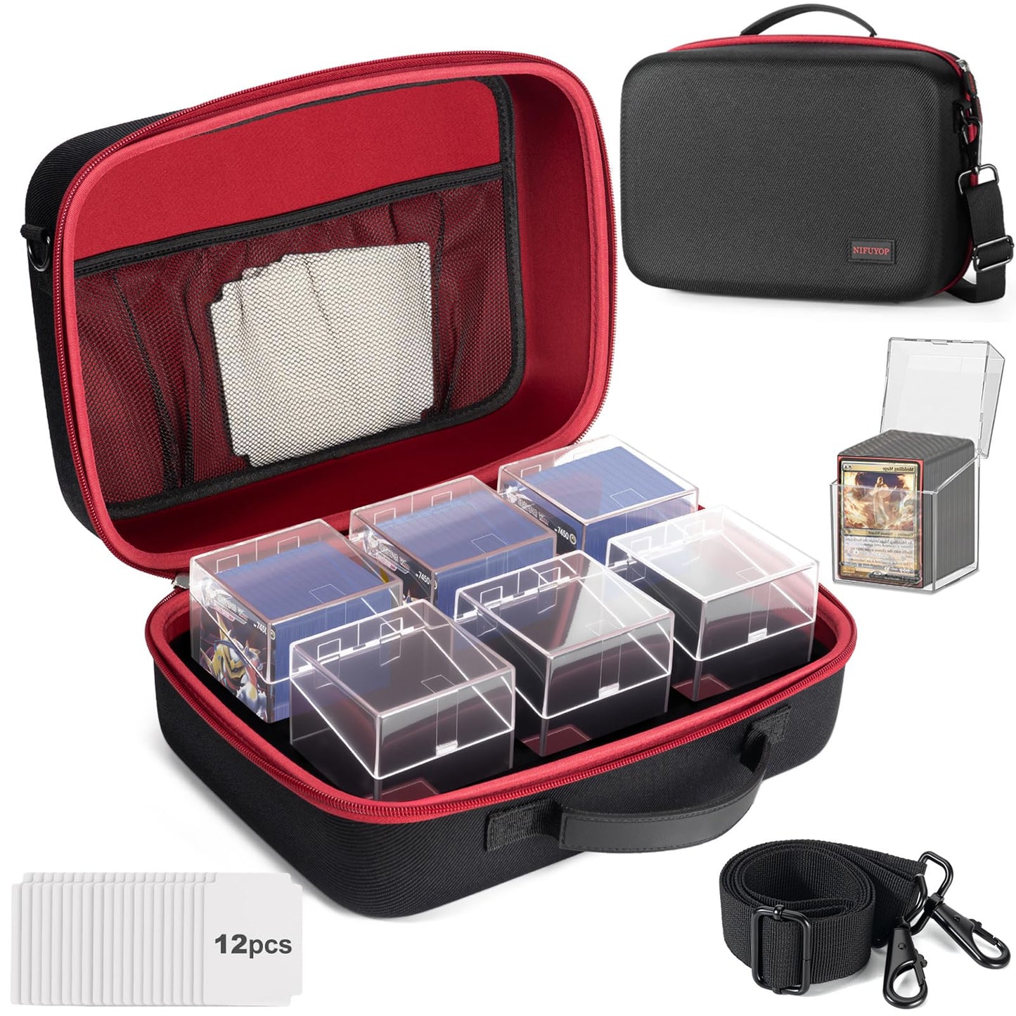 NIFUYOP Trading Card Storage Box with Carrying Case, 6 Clear Commander Deck Box Hold 540+ Double Sleeved Cards, Travel Card Organizer with 12 Dividers for MTG, TCG, YuGiOh, Sports, Magic Cards