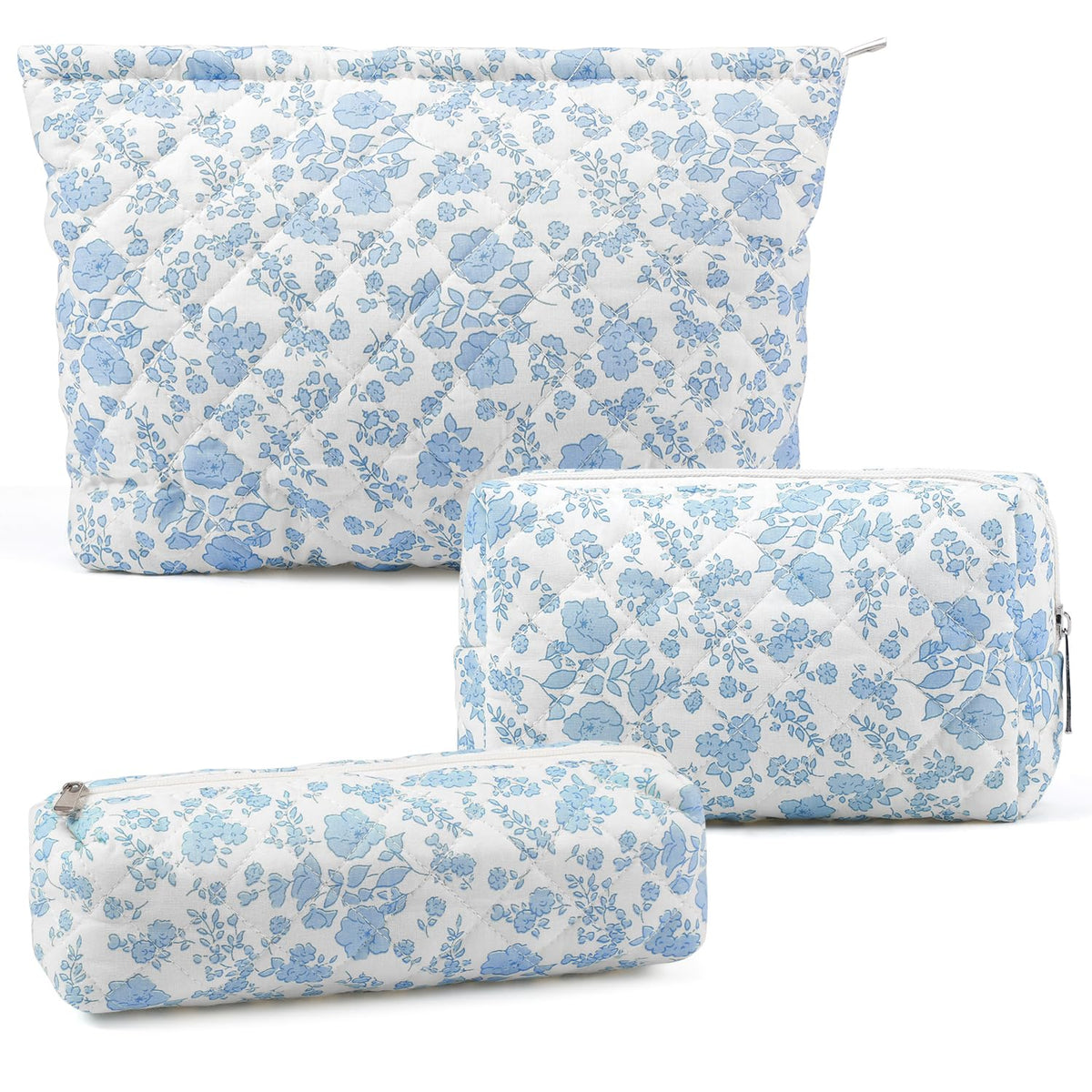 3 Pcs Makeup Bag Cosmetic Bag Set for Girls Women Checkered Travel Organizer Bathroom Toiletry Pouch Large Capacity Storage Bag(Blue Flower)