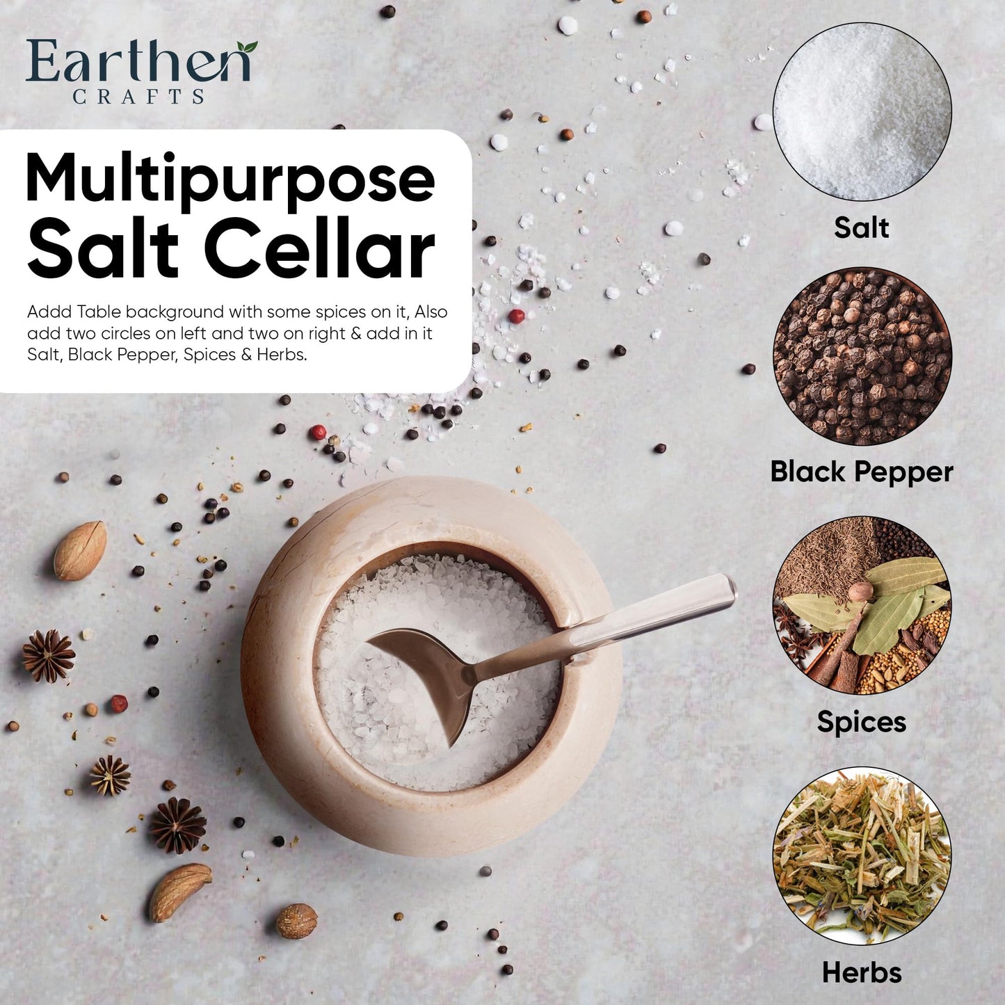 EARTHEN CRAFTS Marble Salt Cellar with Lid 3 Inches Beige Salt Keeper Salt Box, Seasoning Container & Spice Jar with Spoon, Stone Salt Holder for Countertop, Ideal Gift for Home & Kitchen Decor