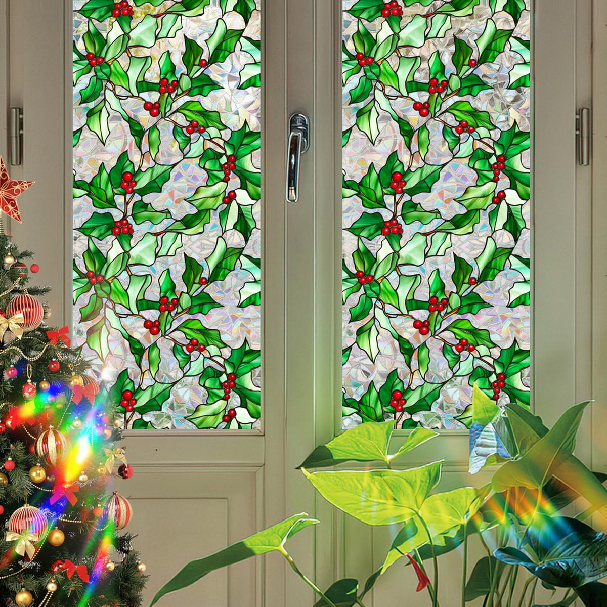 Christmas Window Film Christmas Green Window Clings DIY Glass Art Decoration Xmas Red Berry Designs Privacy Film Stained Glass Window Film Windows Sticker for Holiday Bedroom Door Decor