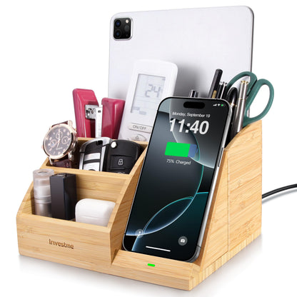 Bamboo Pen Holder with Wireless Charger, Desk Organizer with 5 Compartments for Home Office Supplies Compatible with iPhone & Samsung Series