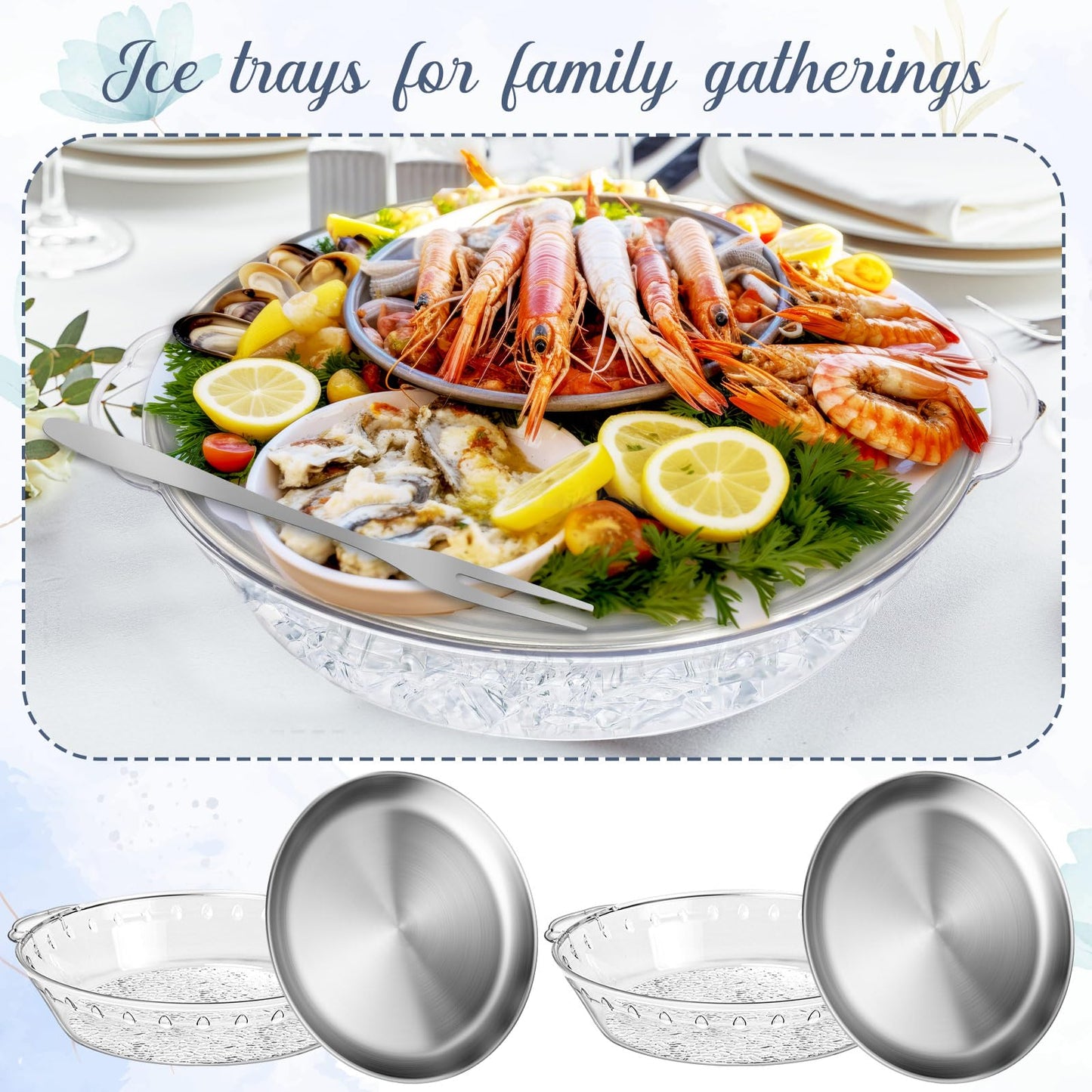 Baderke 2 Sets 11.8" Chilled Serving Tray for Parties Round Iced Platter with Ice Underneath Stainless Steel Clip Fruit Fork Shrimp Cocktail Serving Dish for Oysters Crawfish Fruits (Original)
