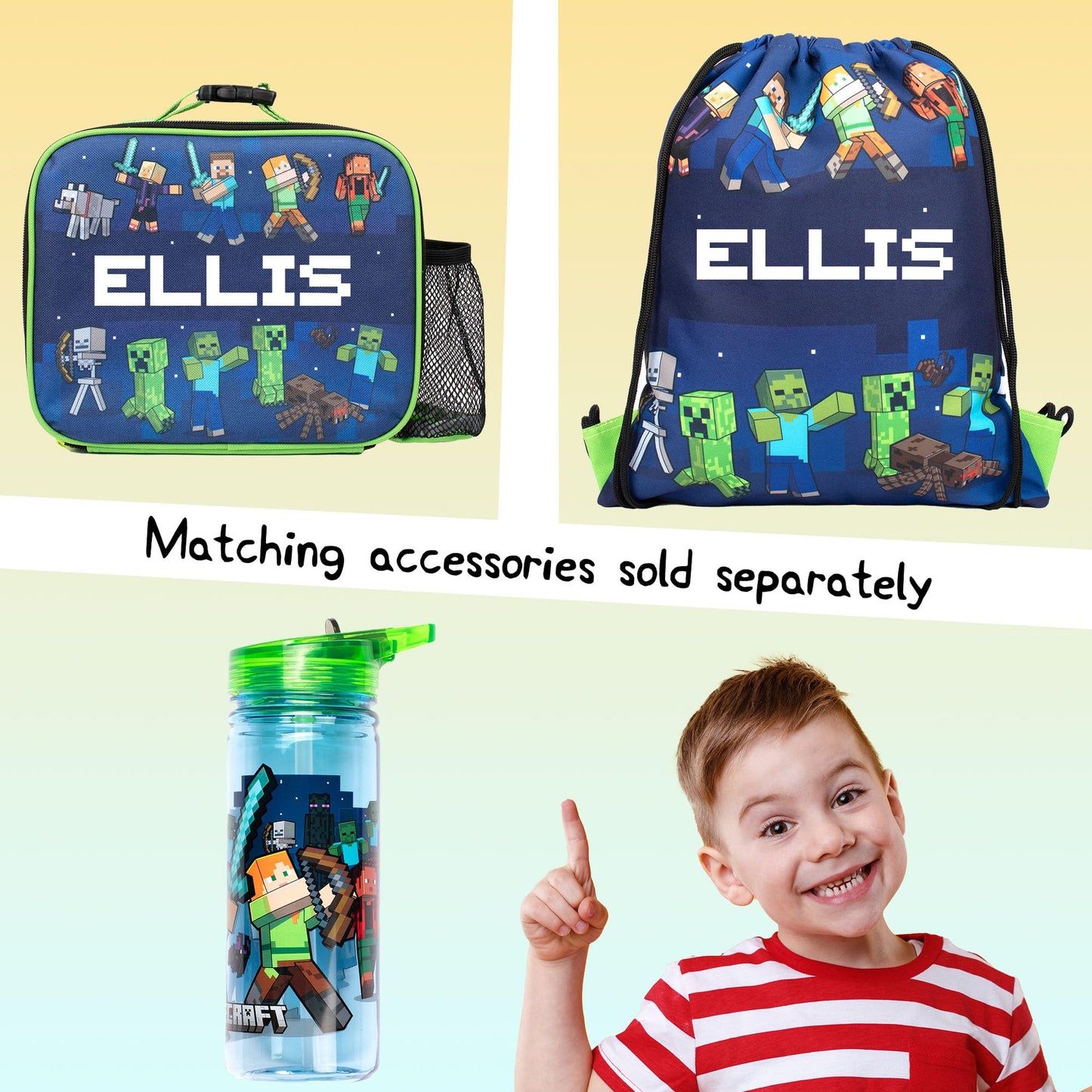 Minecraft - Personalised Kids Lunch Bag - Insulated Kids Snack Bag for Boys and Girls - Name Customisation - Dark Blue