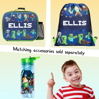 Minecraft - Personalised Kids Lunch Bag - Insulated Kids Snack Bag for Boys and Girls - Name Customisation - Dark Blue
