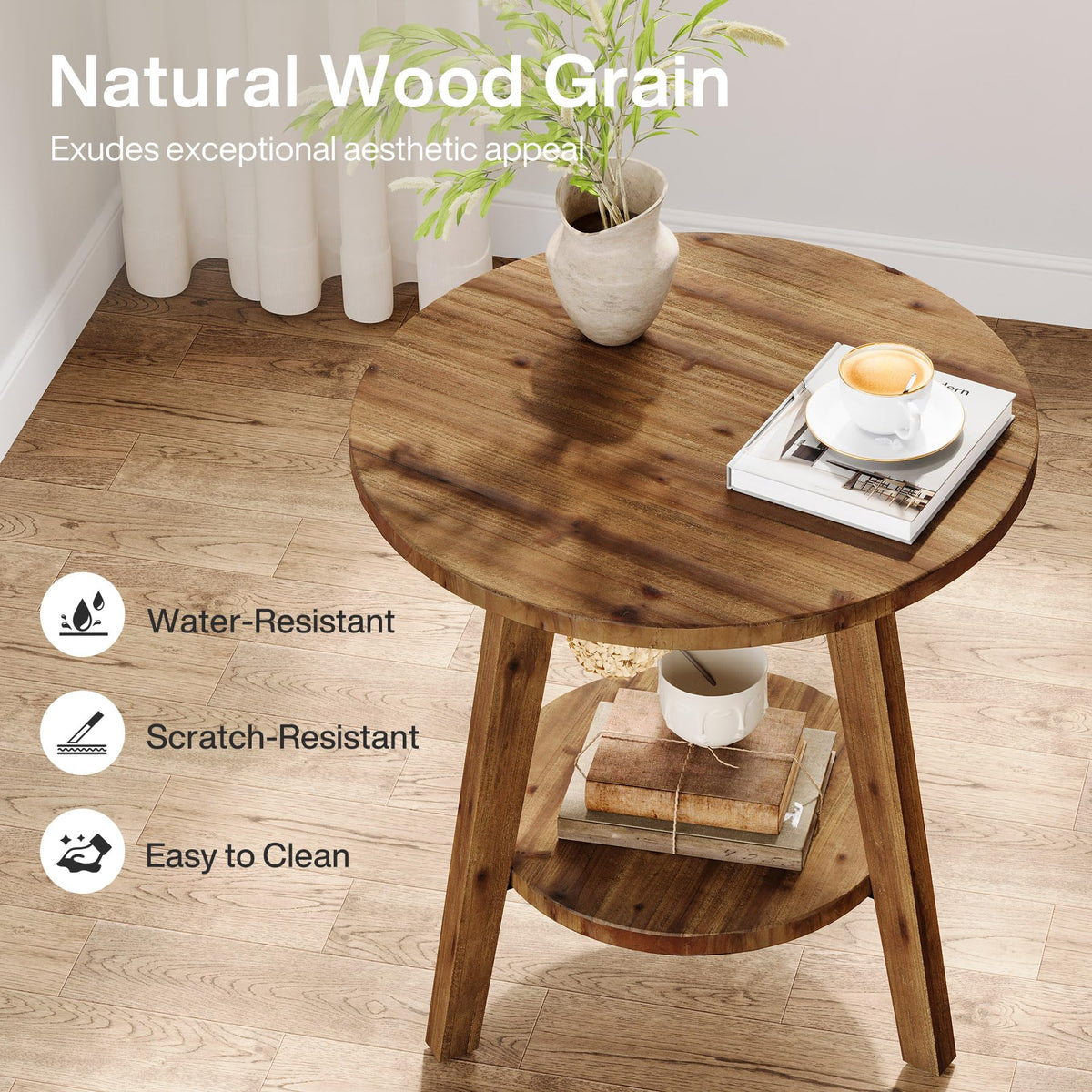 TRIBEWOOD Solid Wood Round End Table, Sofa Side Table with Storage Shelf, Farmhouse Nightstand for Living Room, Bedroom, Easy Assembly (1)