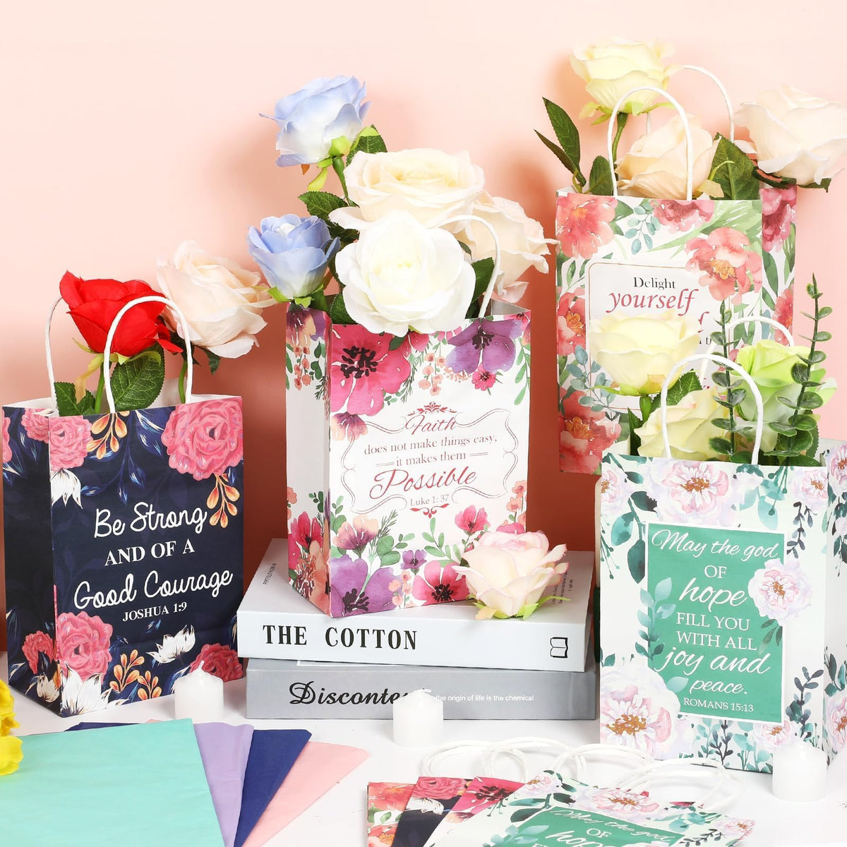 24 Pcs Religious Gift Bags Bible Gift Paper Bags with 24 Tissues Bible Verse Paper Bags with Handles Inspirational Flower Christian Gift Bags Bulk for Women Birthday Wedding Baptism Spring Party Favor