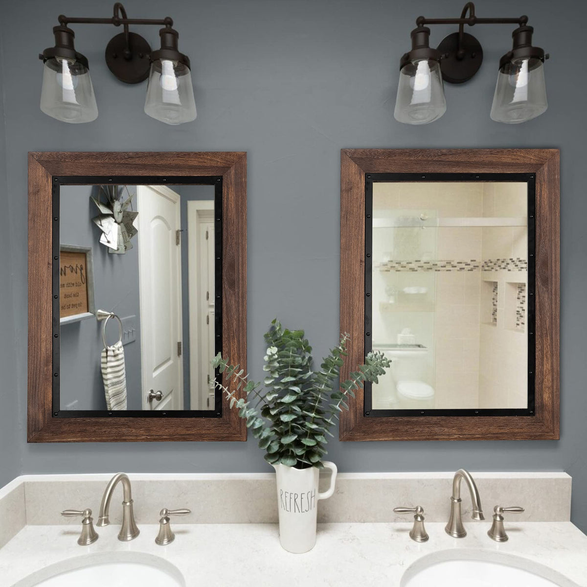 YOSHOOT Rustic Wooden Framed Wall Mirror, Natural Wood and Iron Bathroom Vanity Mirror for Farmhouse Decor, Vertical or Horizontal Hanging