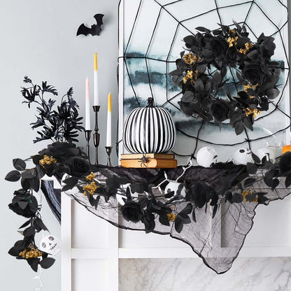 RECUTMS 5.9Ft Black Artificial Roses Flower Garland Fake Halloween Hanging Silk Floral Vines Fall Leaf Wreath for Gothic Halloween Decor Autumn Party Table Centerpiece Home Decor
