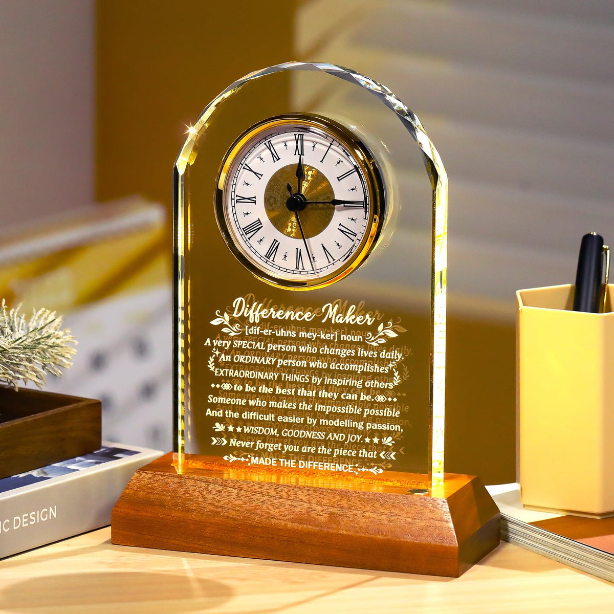 Ornalrist Difference Maker Clock Gifts for Men Women Glass Clock Keepsake with Wooden LED Base Thank You Appreciation Gifts for Boss Teacher Employee Coworker Mentor Motivational Office Desk Decor