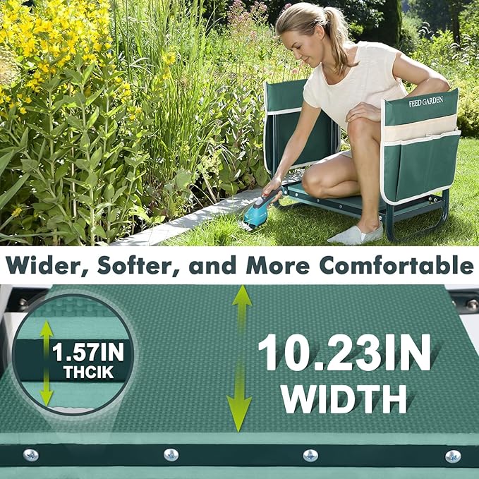 FEED GARDEN Garden Kneeler and Seat, Upgraded Foldable Gardening Stool with 10.23" Wide Kneeling Pad, Heavy Duty Gardening Bench Chair with 2 Tool Pouches, Gardening Gifts for Seniors Mom Women Men