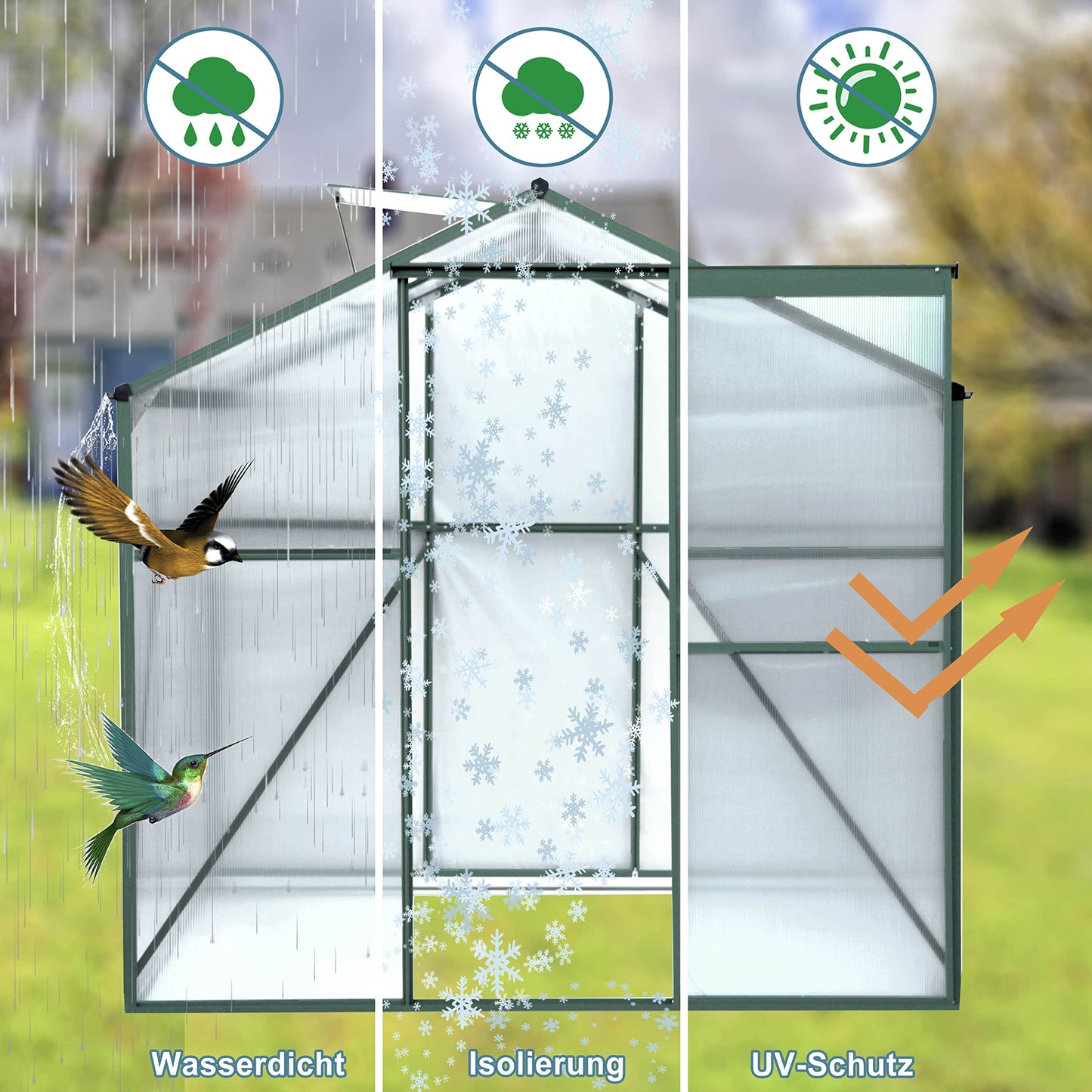 KEIKI 6x8 FT Polycarbonate Greenhouse Heavy Duty Walk-in Outdoor Garden Kit with Aluminum Frame, Sliding Door, Adjustable Roof Vent, Rain Gutter, UV Resistant All Season Backyard Green