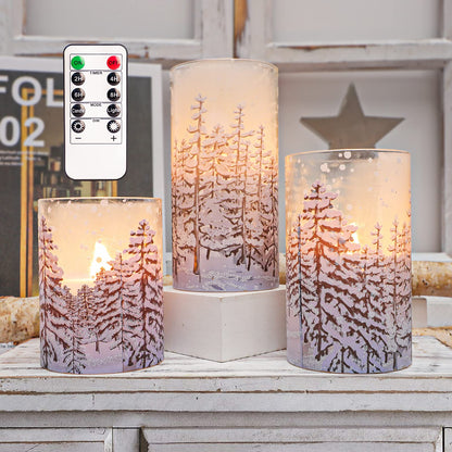 REVELBUNNY Christmas Tree Flameless Candles, Flickering Battery Operated LED Candles with Remote Timer, Snowflake Iced Glass Pillar Candles for Holiday Party Home Decoration Christmas Gifts, Set of 3