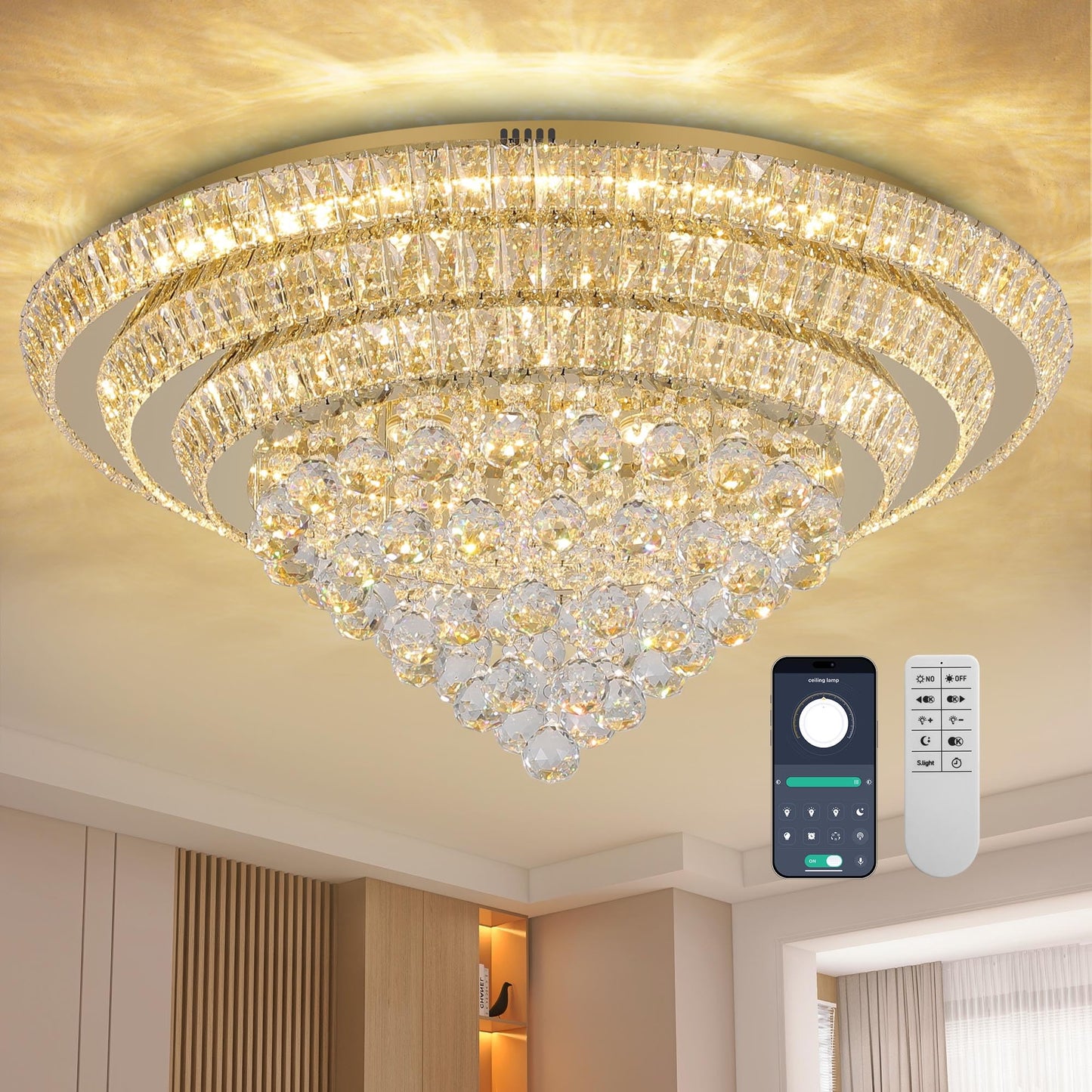 COCOSTAR 30" Gold Crystal Chandeliers, Flush Mount Chandelier LED Ceiling Light, Modern Crystal Raindrop Chandeliers for Dining Room, Living Room, Bedroom