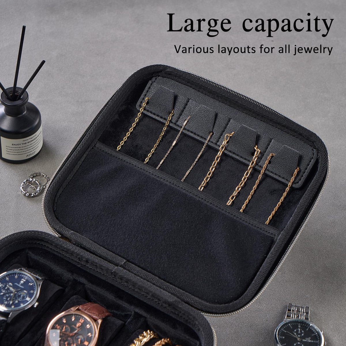 ProCase Mens Small Jewelry Storage Case, 3 Slots Travel Watch Accessories Carrying Box, Glasses Necklaces Rings Bracelets Zippered Organizer Bag for Male -Black