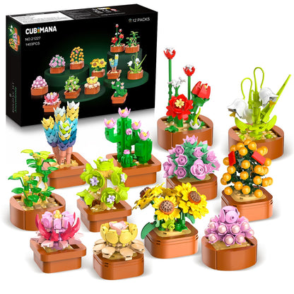CUBIMANA 12 Pack Flowers Succulents Mini Building Set - 1403PCS Flower Botanical Collection for Home Office Décor 3.6MM Plant Blocks Toy, Easter Birthday Gifts for Adults Women Kids Girls10+