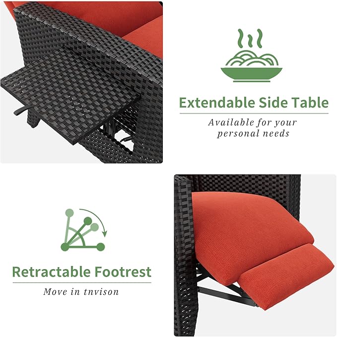 IDEALHOUSE Wicker Outdoor Recliner Reclining Patio Chairs with Adjustable Back & Footrest 150° Lay-Flat Reclining with Air Pump Rattan Flip-Up Side Table Outdoor Lounge Chairs for Pool Deck Balcony