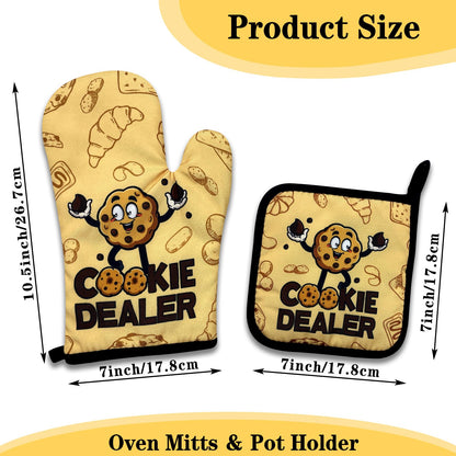 NAHMAKNE Funny Cookie Oven Mitts and Pot Holders Set of 3, Cookie Dealer, Heat Resistant Non-Slip Kitchen Mitts Hot Pads, Chef Baking Gifts for Mom Wife, Birthday Gifts for Women Men Friend Bakers