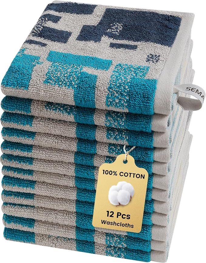 SEMAXE 100% Cotton Washcloths 12-Pack, 13 × 13 Inch Soft Luxury Face Towels –