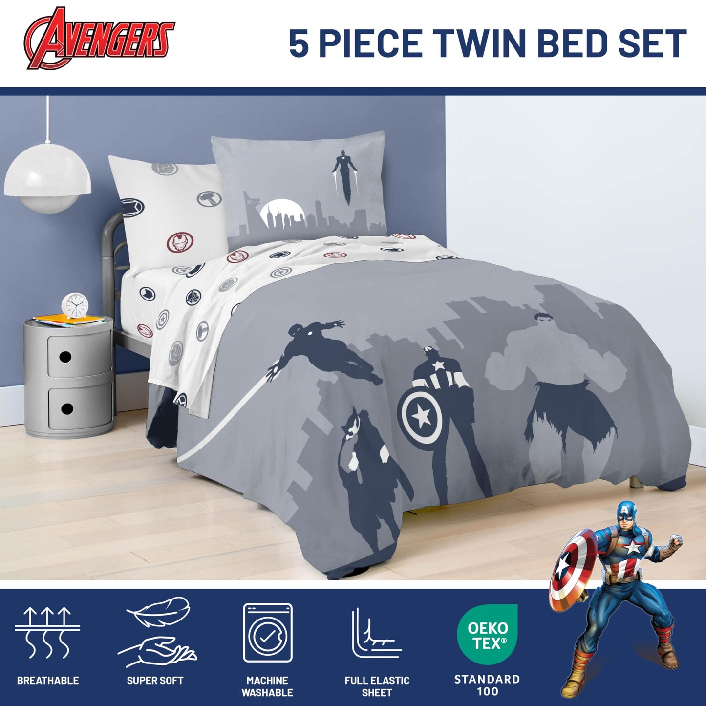 Jay Franco Marvel Avengers Twin Size Comforter Set - 5 Piece Bedding Includes Sheet Set & Pillow Covers - Super Soft Cozy Bedding with Captain America, Hulk, Iron Man and Thor