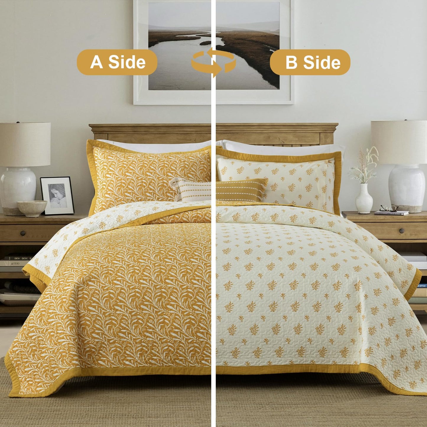 Finlonte Cotton Quilts Queen Size - 100% Cotton Queen Comforter Set, Botanical Quilt Bedding Set, Lightweight Reversible Soft Quilted Bedspread for Queen Bed, Gold/White, All Season, 3 Pcs