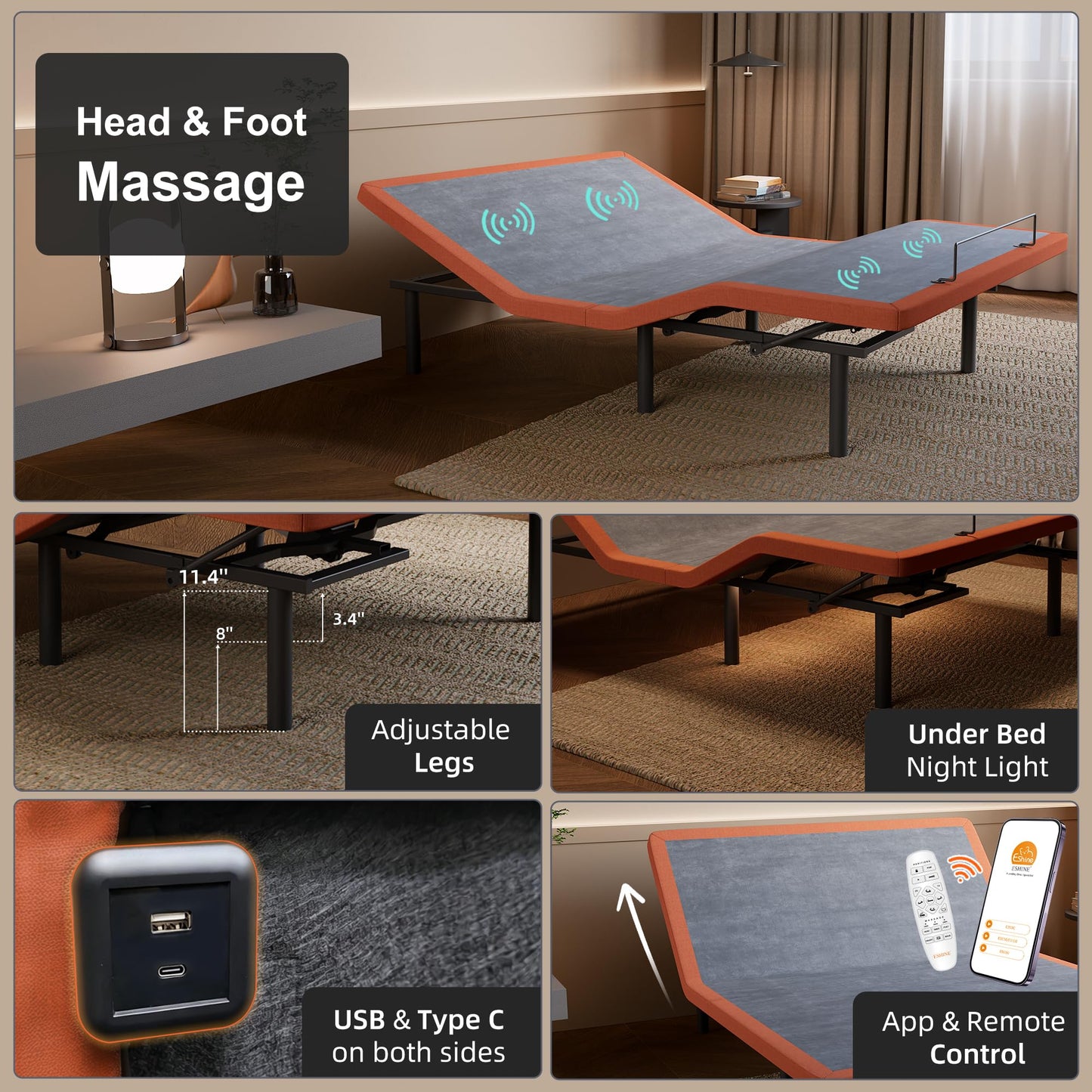 ESHINE Adjustable Bed Frame + 12" Hybrid Mattress Twin XL(Medium) - Luxury Gel Memory Foam, Massage, Wireless Remote, USB, Under Bed Night Light, Head and Foot Incline, 3000 Series