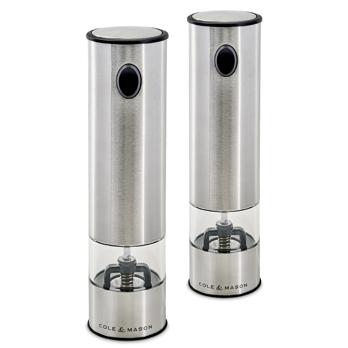 Cole & Mason H3004480 Battersea Salt and Pepper Mills | Electronic | Stainless Steel/Acrylic | 210mm | Gift Set | Includes 2 x Electric Salt and Pepper Grinders | Lifetime Mechanism Guarantee