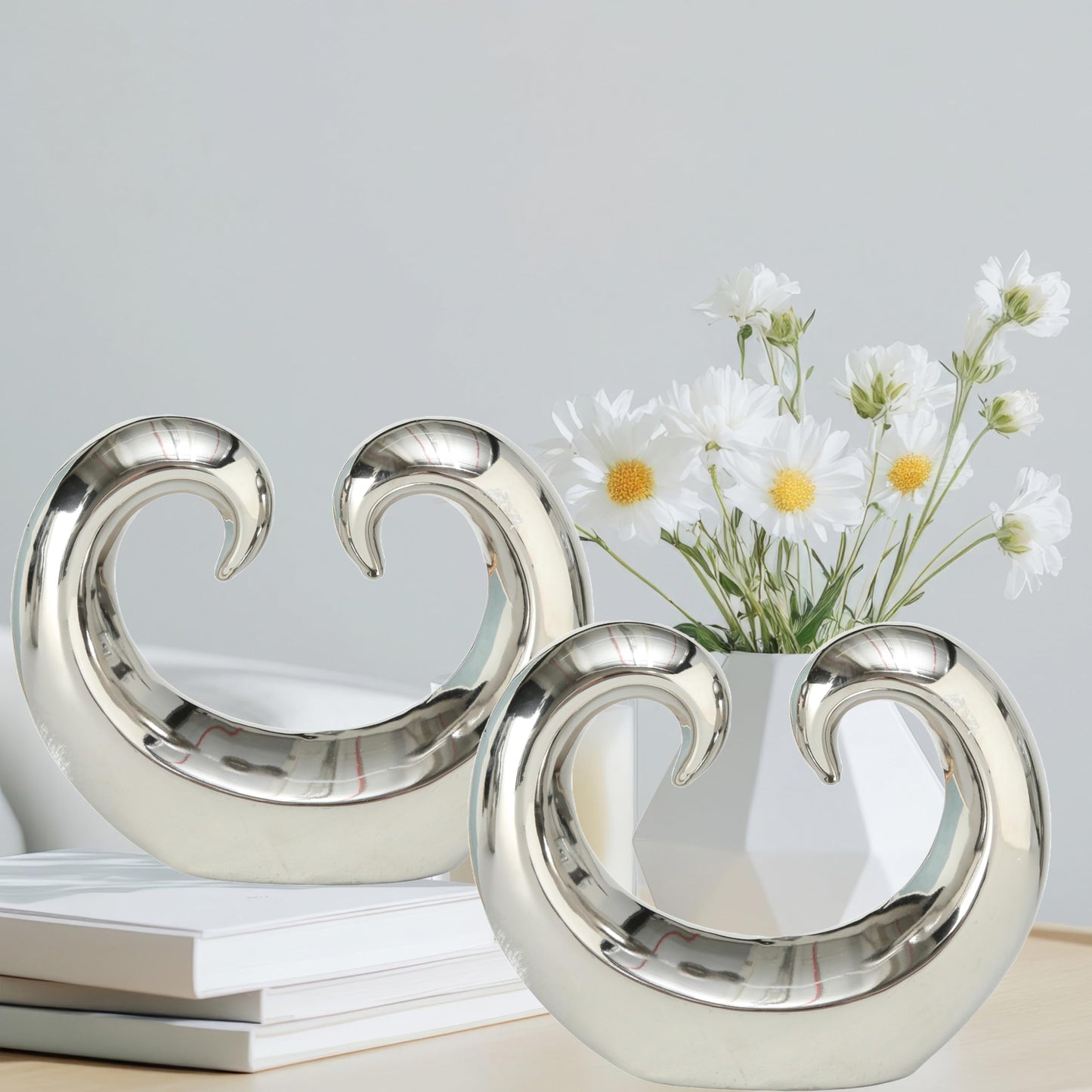 WHW Whole House Worlds Eternity Double Curled Wave Sculpture, Set of 2, Modern Art, Silver Titanium Glazed Ceramic Stoneware, 8 1/4 Inches, Abstract Table Top Accent
